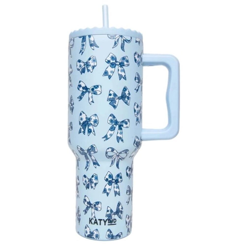 Light Blue Toile Coquette Bows Insulated Tumbler – 38 oz with Handle